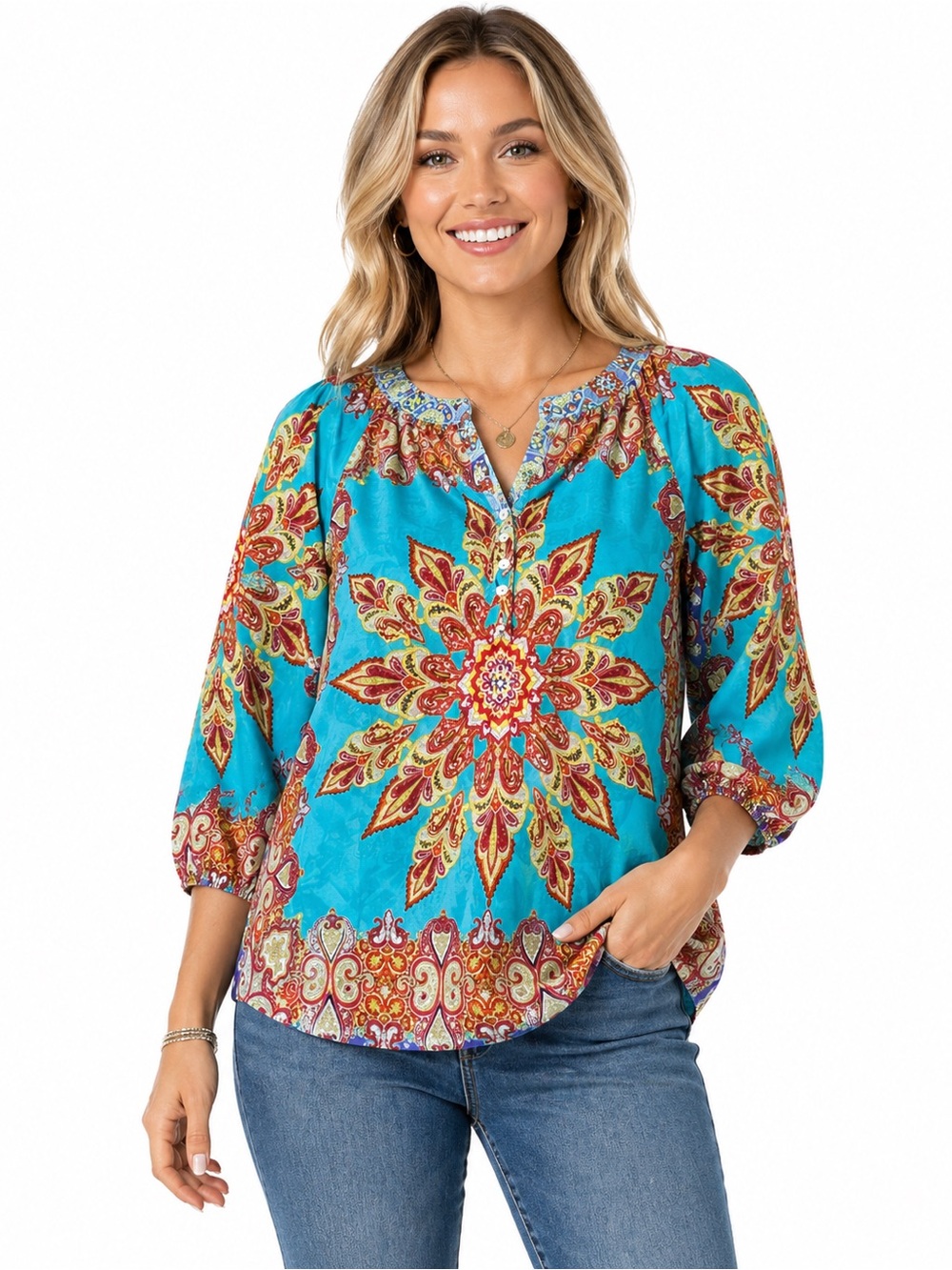 Fig & Flower Boho Blouse Large Turquoise Paisley Floral Peasant Top 3/4 Sleeve